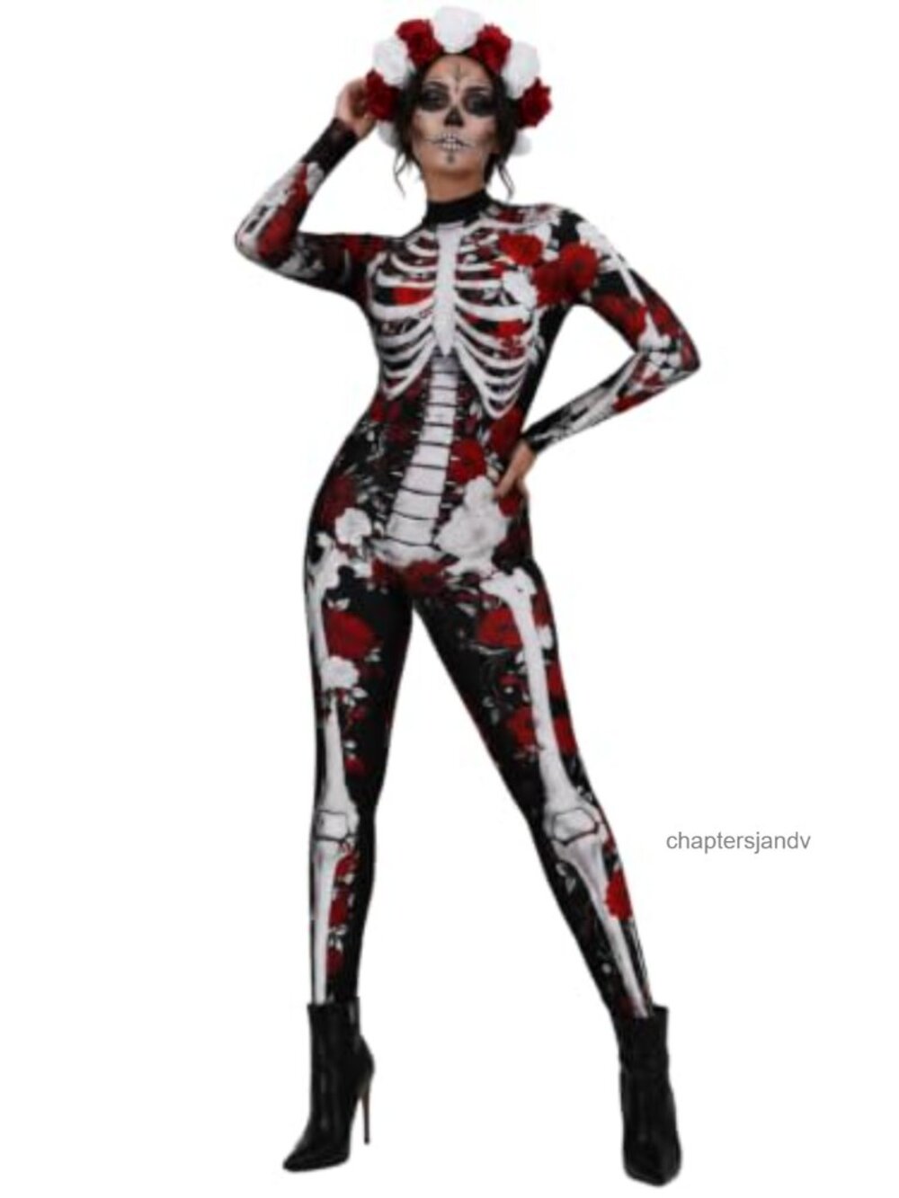 Women's Rose Skeleton Jumpsuit Headband Halloween Costume One Piece